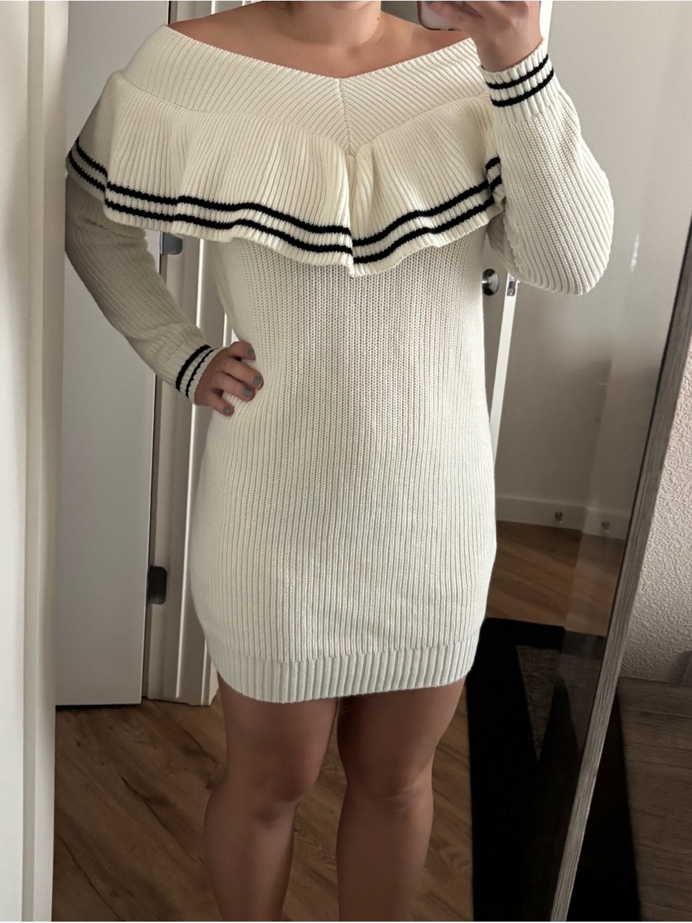 Self-Portrait Cream Off-the-Shoulder Knit mini long sleeve Dress Ruffle large L